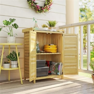 ARMADIO DA GIARDINO IN LEGNO CON PIANO IN ACCIAIO, RIPIANI E GANCI, 71.5X39X95 CM
