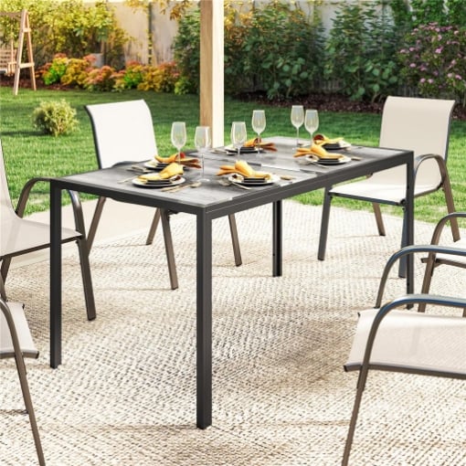 Tavolo da Giardino 4-6 Persone con Piano Effetto Legno, in Acciaio e Plastica, 150x80x74 cm, Grigio e Nero