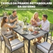 Tavolo da Giardino 4-6 Persone con Piano Effetto Legno, in Acciaio e Plastica, 150x80x74 cm, Grigio e Nero