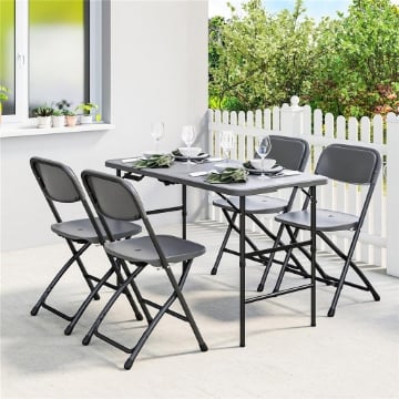 Set Tavolo Regolabile e 4 Sedie da Giardino Pieghevoli in HDPE Effetto Legno, Grigio Scuro