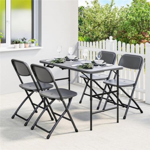 Set Tavolo Regolabile e 4 Sedie da Giardino Pieghevoli in HDPE Effetto Legno, Grigio Scuro