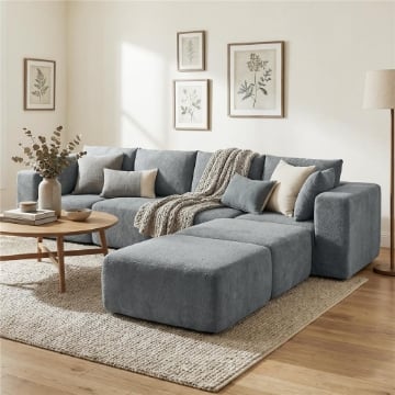 DIVANO MODULABILE AD ANGOLO IN TESSUTO EFFETTO VELLUTO CON CUSCINI, 294X165X70 CM, GRIGIO SCURO