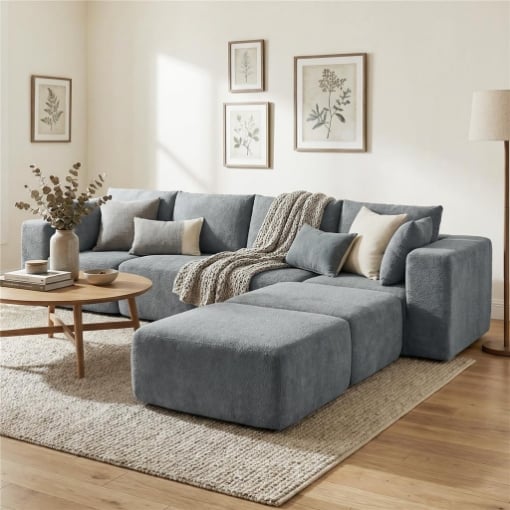DIVANO MODULABILE AD ANGOLO IN TESSUTO EFFETTO VELLUTO CON CUSCINI, 294X165X70 CM, GRIGIO SCURO