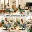 POLTRONA DA SALOTTO GIREVOLE CON CUSCINO LOMBARE E RIVESTIMENTO IN TESSUTO EFFETTO VELLUTO, VERDE