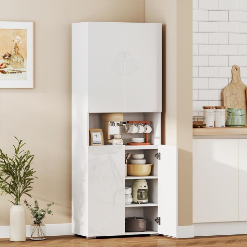 Credenza Cucina Alta 180cm, Mobile Dispensa con Ante Soft-Close, Ripiano Aperto, 2 Armadietti, Ripiani Regolabili, Mobile Cucina Moderno per Sala da Pranzo Soggiorno, Bianco Lucido