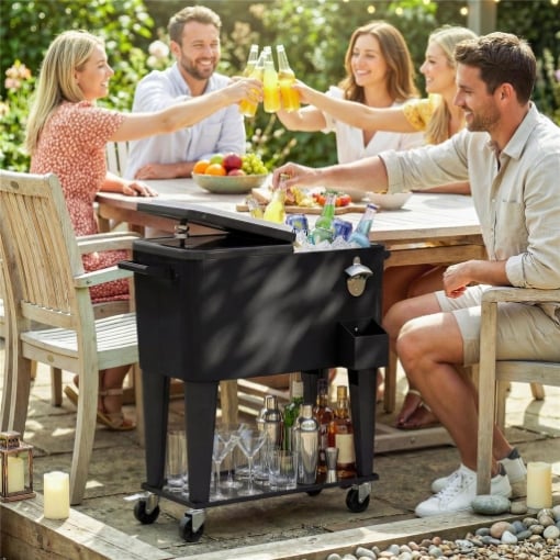 Carrello Frigo 76L con Ripiano, Apribottiglie e Raccoglitore Tappi, in Plastica e Acciaio, 91x39x84.5 cm, Nero
