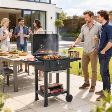 BARBECUE A CARBONE, AFFUMICATORE PORTATILE CON VENTILAZIONE, TERMOMETRO E MENSOLE LATERALI, NERO
