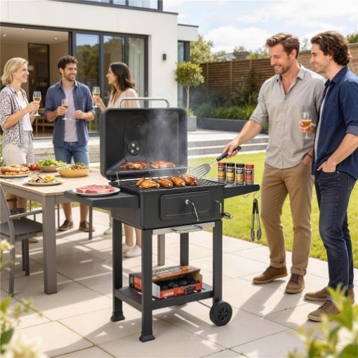 BARBECUE A CARBONE, AFFUMICATORE PORTATILE CON VENTILAZIONE, TERMOMETRO E MENSOLE LATERALI, NERO