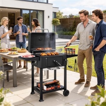 BARBECUE A CARBONE, GRIGLIA SMOKER CON RUOTE PER USO ESTERNO, NERO