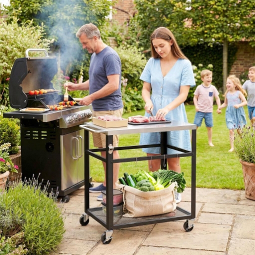 Carrello per Barbecue con Piano in Acciaio Inox, 4 Ganci a S, Maniglia e Apribottiglie, 82x55x79 cm, Nero