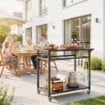 Carrello Barbecue, 2 Ripiani, Supporto Pizza, Portasacchi e Ganci, Nero.