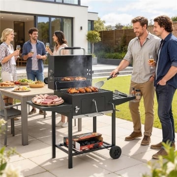 BARBECUE A CARBONE A ROTELLE CON GRIGLIA REGOLABILE E RIPIANI PIEGHEVOLI, IN ACCIAIO E PP, 133.5X65X110 CM, NERO