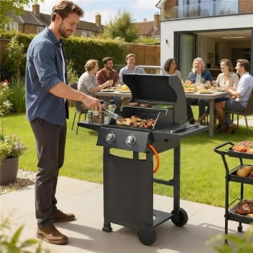 Barbecue a Gas Propano con 2 Bruciatori, Portatile, Termometro, Nero