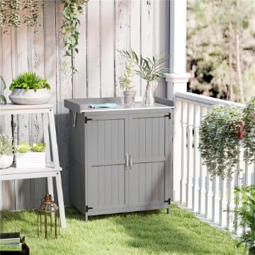 ARMADIETTO DA ESTERNO, CAPANNO PORTA ATTREZZI CON MENSOLA, IN LEGNO CON 2 ANTE PER GIARDINO, PATIO, GRIGIO