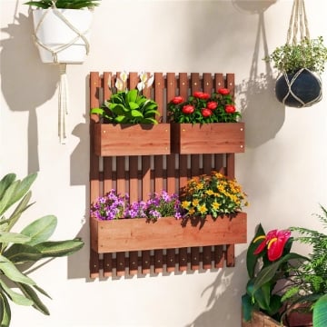 Fioriera Verticale a Doghe con 3 Vasi Rimovibili, in Legno di Abete, 60x16x80 cm, Marrone