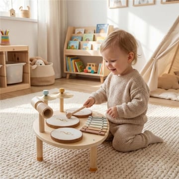 Set di Strumenti Musicali per Bambini da 2+ Anni con Tamburi e Xilofono, Colore Legno