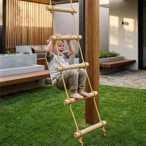 SCALETTA PER BAMBINI 3-8 ANNI A 5 PIOLI CON FIBBIE E CINGHIE, IN LEGNO E PE, COLOR LEGNO
