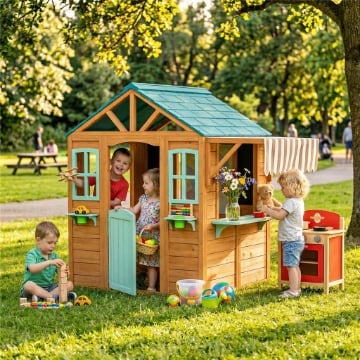Casetta da Giardino per Bambini Finestra, Snack Bar, Mezza Porta, Portavasi, Telo Bersaglio, 4 Palline, Lavagna