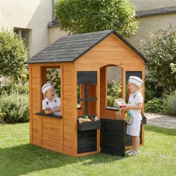 CASETTA IN LEGNO BAMBINI CON VASI FIORI, PER GIOCO ESTERNO/INTERNO, ETÀ 3-8, MARRONE