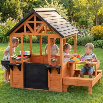Casetta in Legno , Gioco Interno/Esterno per Bambini 3-8 Anni con Tavolo e Panche, Marrone