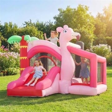 CASTELLO GONFIABILE PER BAMBINI CON SCIVOLO, TRAMPOLINO, VASCA DI PALLINE E CANESTRO BASKET, 255X230X196 CM, ROSA