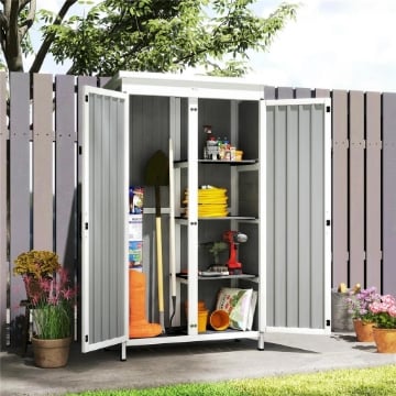 ARMADIO DA GIARDINO CON RIPIANI RIMOVIBILI E PORTA BLOCCABILE, IN LEGNO E ACCIAIO, 94X43X166 CM, BIANCO E NERO