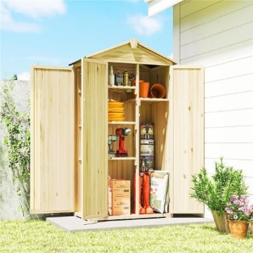 ARMADIO DA GIARDINO A 3 ANTE CON 4 RIPIANI E GANCI, IN LEGNO DI ABETE, 93X53X168 CM, COLOR LEGNO