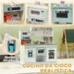 CUCINA GIOCATTOLO PER BAMBINI 3+ ANNI IN LEGNO, FORNELLO INTERATTIVO, FORNO E MACCHINA CAFFÞ, BIANCO