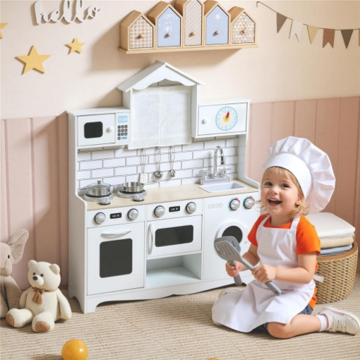 CUCINA GIOCATTOLO PER BAMBINI 3-6 ANNI IN LEGNO CON SET DI ACCESSORI, LAVANDINO E MANOPOLE CON SUONI, BIANCO