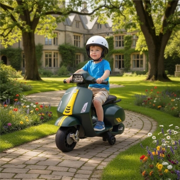 MOTO ELETTRICA PER BAMBINI CON LICENZA VESPA, BATTERIA RICARICABILE 6V, ROTELLE E LUCI, ETÓ 2-6 ANNI, VERDE SCURO