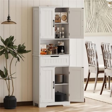 CREDENZA CUCINA CON 2 ARMADIETTI E CASSETTO, PIANO CENTRALE APERTO E RIPIANI REGOLABILI, BIANCO