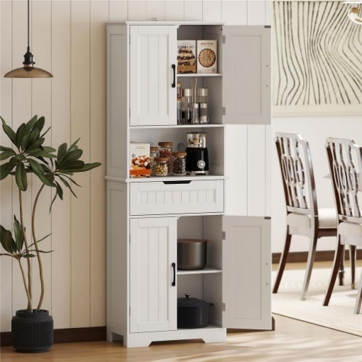 CREDENZA CUCINA CON 2 ARMADIETTI E CASSETTO, PIANO CENTRALE APERTO E RIPIANI REGOLABILI, BIANCO