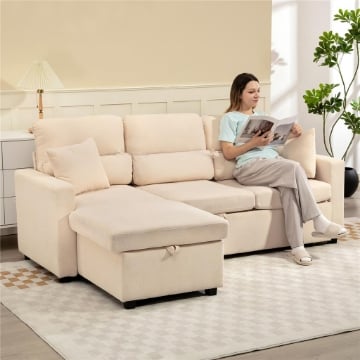 DIVANO LETTO ANGOLARE CON VANO CONTENITORE, RIVESTIMENTO IN VELLUTO A COSTE E 2 CUSCINI, 205X135X76 CM, BEIGE