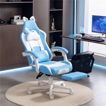 SEDIA DA GAMING RECLINABILE CON POGGIAPIEDI E CUSCINI, IN FINTA PELLE E SPUGNA, 65X62X116-124 CM, BIANCO E BLU