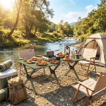 Tavolo da Campeggio Pieghevole 116 cm, Tavolo da Picnic Impermeabile con Piano Arrotolabile e Struttura in Metallo, Portatile per Giardino, Parco, BBQ, Verde