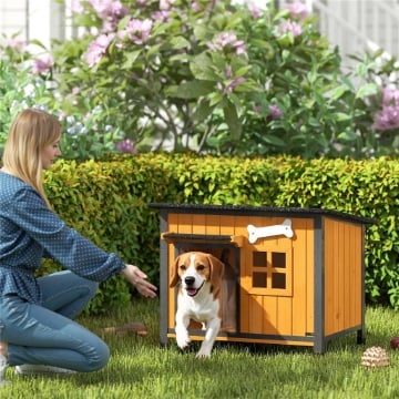 Cuccia per Cani da Esterno in Legno e Acciaio Anti-Morso, Tetto Apribile e Tenda per Porta, Giallo
