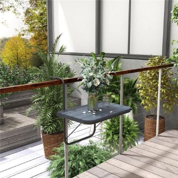 Tavolino da Balcone Pieghevole e Regolabile, in Alluminio e Legno Composito, 60x40x55-64 cm, Nero