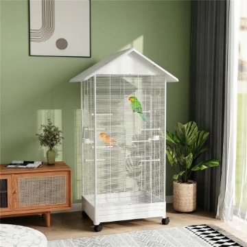 Gabbia per Uccelli, Voliera in Acciaio con Ruote, 79x65x155cm, Bianco