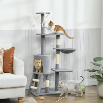 TORRE PER GATTI CON CASETTA, TRESPOLO, PIATTAFORME E 4 TOPOLINI, IN LEGNO, PELUCHE E SISAL, 60X35X134 CM, GRIGIO