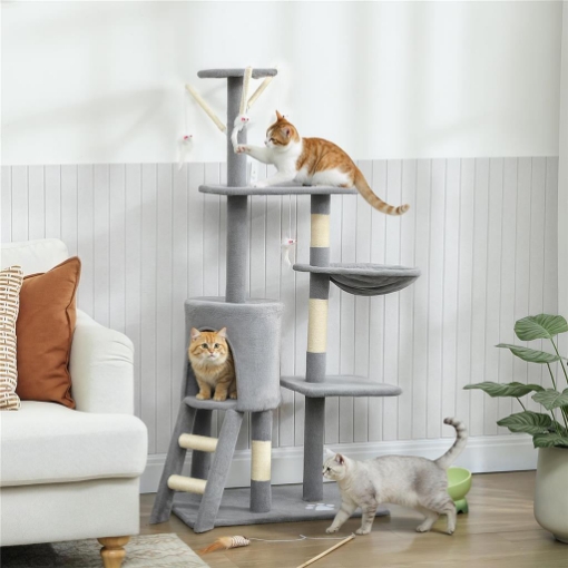 TORRE PER GATTI CON CASETTA, TRESPOLO, PIATTAFORME E 4 TOPOLINI, IN LEGNO, PELUCHE E SISAL, 60X35X134 CM, GRIGIO
