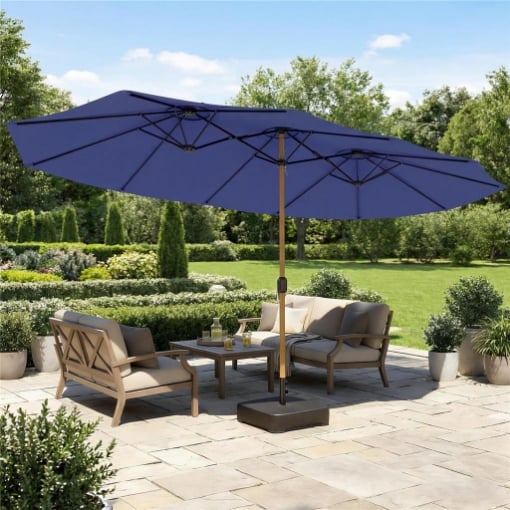 OMBRELLONE DOPPIO A 12 STECCHE CON MANOVELLA, BASE A CROCE E SACCHI DI SABBIA, 4.7X2.8 M, BLU SCURO