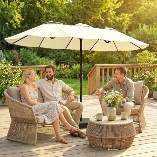 OMBRELLONE DOPPIO A 12 STECCHE CON MANOVELLA, BASE A CROCE E SACCHI, IN METALLO E POLIESTERE, 3X1.5 M, BEIGE