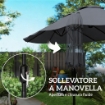 OMBRELLONE DOPPIO A 12 STECCHE CON MANOVELLA, BASE A CROCE E SACCHI, IN METALLO E POLIESTERE, 3X1.5 M, GRIGIO SCURO