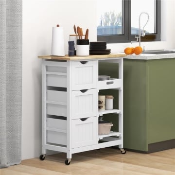 CARRELLO DA CUCINA IN LEGNO CON 3 CASSETTI E 3 RIPIANI APERTI, 67X37X85.5 CM, BIANCO