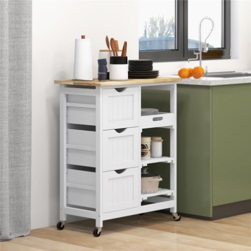 CARRELLO DA CUCINA IN LEGNO CON 3 CASSETTI E 3 RIPIANI APERTI, 67X37X85.5 CM, BIANCO