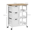 CARRELLO DA CUCINA IN LEGNO CON 3 CASSETTI E 3 RIPIANI APERTI, 67X37X85.5 CM, BIANCO