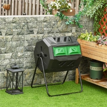 Compostiera da Giardino Girevole a 2 Sezioni con 8 Prese d'Aria, Acciaio e PP, 71x65x96 cm, Nero