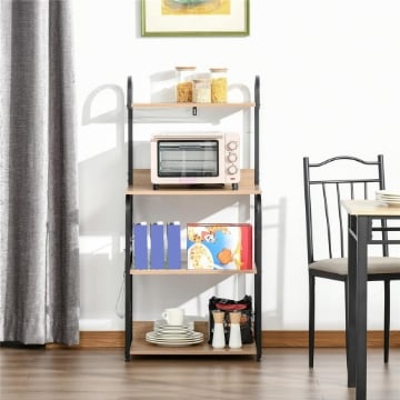 MOBILETTO MICROONDE DA CUCINA CON 4 RIPIANI E 4 GANCI, IN ACCIAIO E LEGNO, 60X40X125 CM, COLOR LEGNO