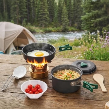 Set da Cucina per Campeggio, Kit Ultraleggero a 8 Pezzi con Manici Anti-Scottatura, Grigio