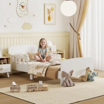 LETTO PER BAMBINI 3-8 ANNI BASSO CON SPONDE LATERALI E BORDI LISCI, IN LEGNO, 143.5X74.2X54 CM, BIANCO